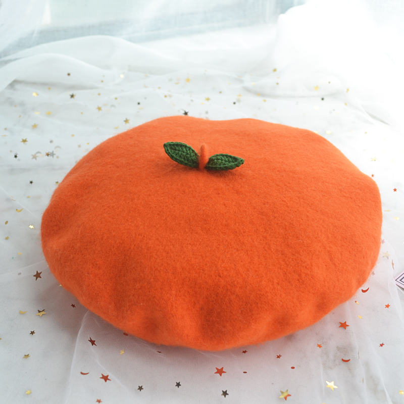 

Berets A Lovely Orange ~ Japanese Small Fresh Green Leaves Wool Beret Painter Cap Female Autumn And Winter