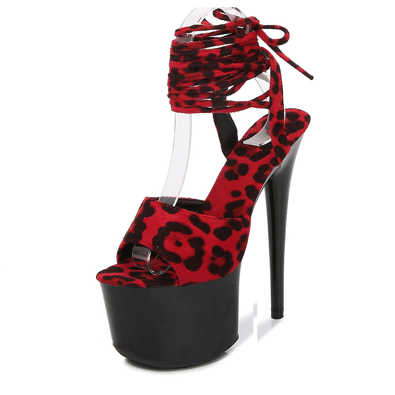 

Mclubgirl Women's Summer Sandals 2020 New Shoes Thin Heeled Sexy Black Waterproof Platform 17cm 20cm Leopard Slippers LFD-181-53, 17cm brown