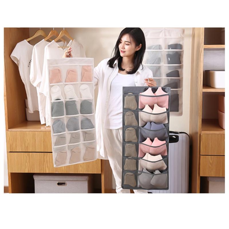 

Bra Clothes Socks Organizer Bag Closet Dual-Sided Hanging Organizer Storage Bag for Bra Clothes Sock 30 Mesh Pockets Storage, Beige