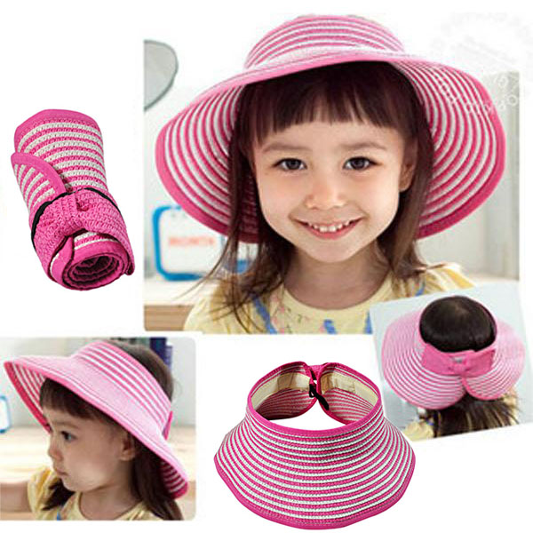 

Kids Girls Boys Hat Empty Top Wide Brim Striped Foldable Breathable Sunshade Hat TC21, Black