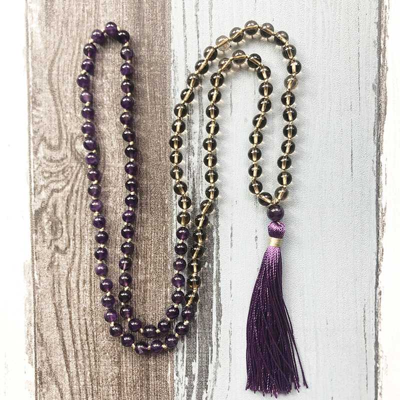 

Amethysts Smoky Q-uartz Mala Necklace 108 Meditation Beads Necklace Buddhist Prayer Beads Purple Tassel Chakra Jewelry