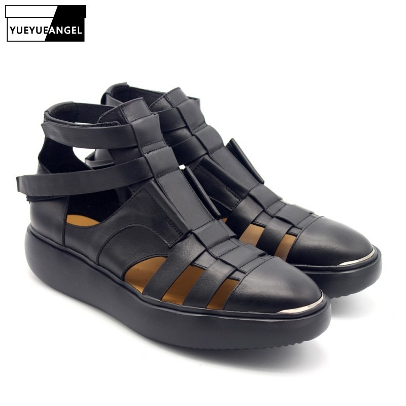 

Handmade Platform High Top Men Sandals Street Classic Hollow Out Real Leather Gladiator Shoes Plus Size Casual Beach Sandals, Black