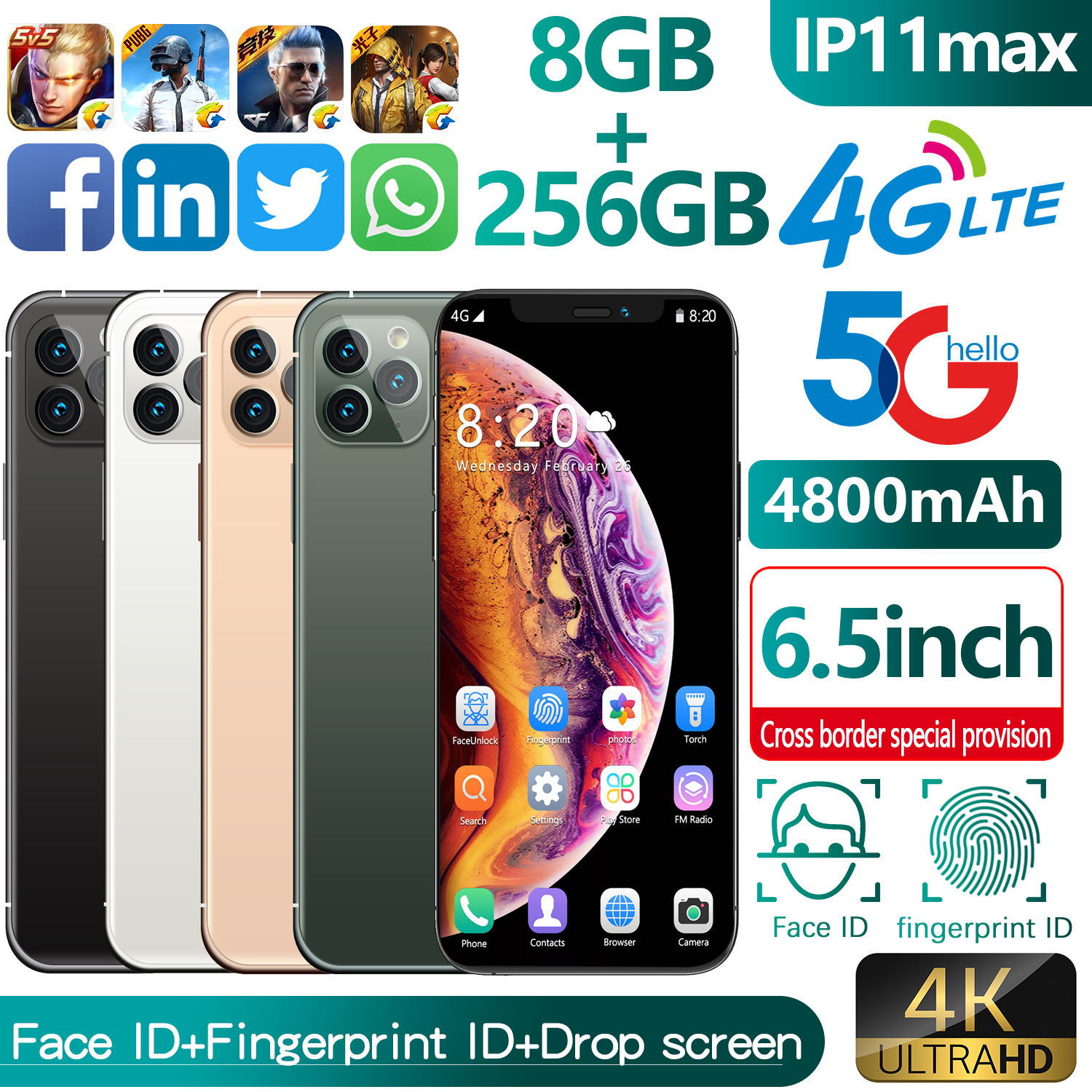 

Cellphone Dual SIM Global Version Android Smartphone 6.5inch Mobile phone 3G 4G Cell Smart Phones Face Unlock, Gold