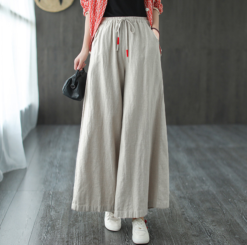 

Women Elastic Waist Wide Leg Pants Ladies Summer Autumn Cotton Linen Trousers Female 2020 Solid Color Cotton Flax Pants, Beige
