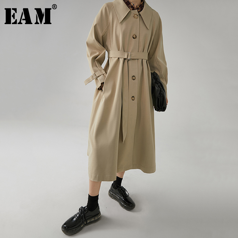 

EAM] Women Button Waistbelt Pocket Trench New Lapel Long Sleeve Loose Fit Windbreaker Fashion Tide Spring Autumn 2020 1A676, Beige