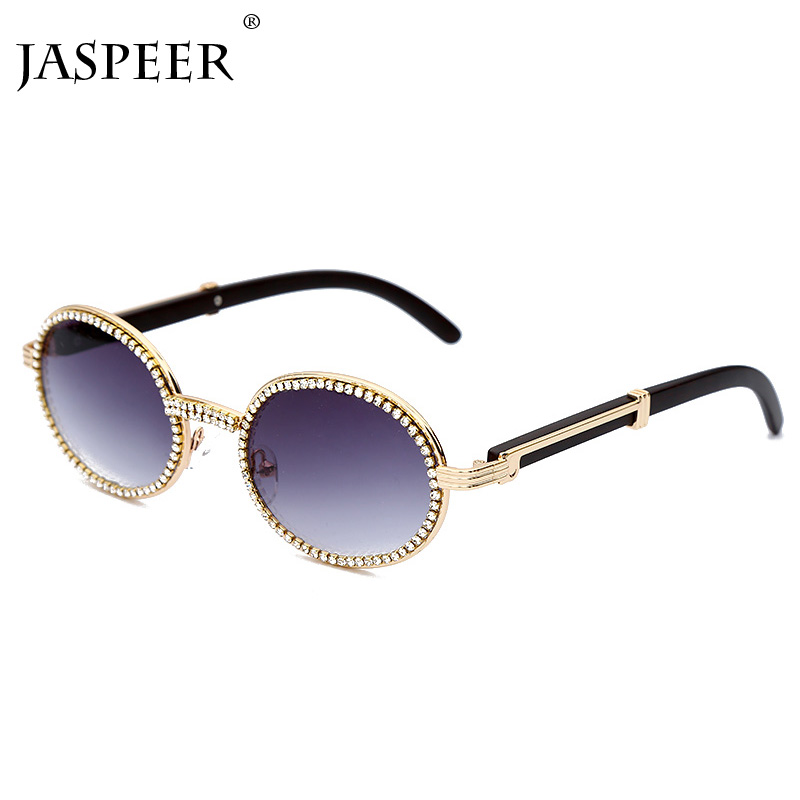 

JASPEER Diamond Round Sunglasses Men Women Designer Plastic Frame Purple Rhinestone Punk Goggle Glasses