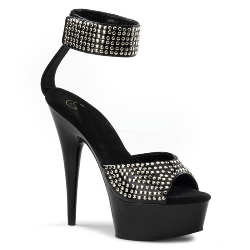 

Brand Women Sandals Summer 15CM Thin High Heels PU Buckle Strap waterproof Rhinestone Dress Party Wedding shoes for woman Black