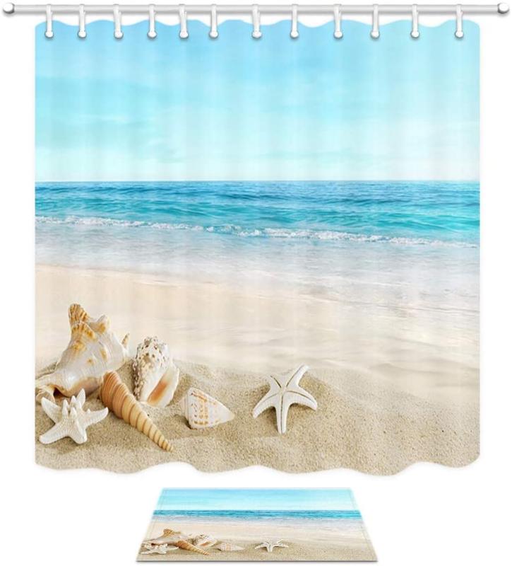 

Tropical Theme Shower Curtain Beach Sea Shell Starfish Waterproof Shower Curtain Non-slip Mat Bathroom Set