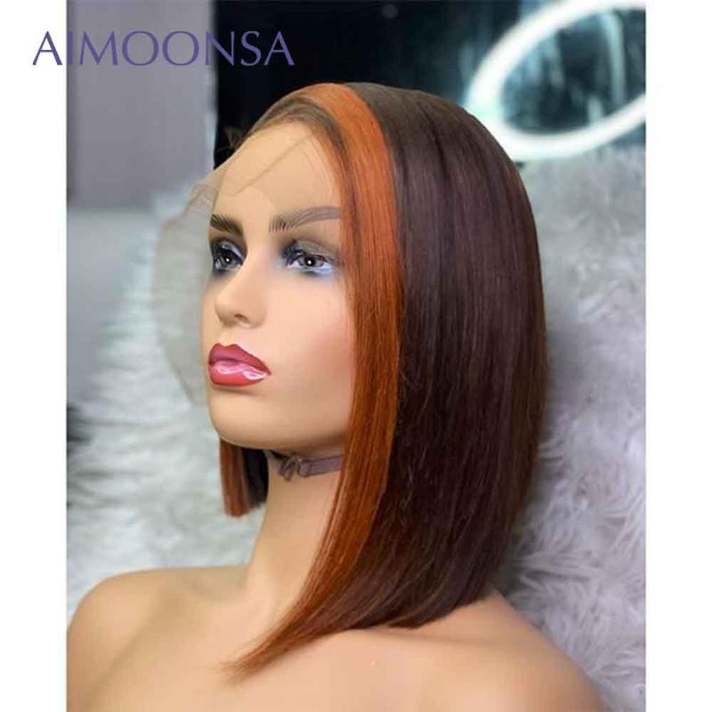 

Short Bob Human Hair Wigs Brown And Blonde Highlight Straight Lace Front Wigs Human Hair Colored Pixie Cut Wig T Part 130% Remy, As pic