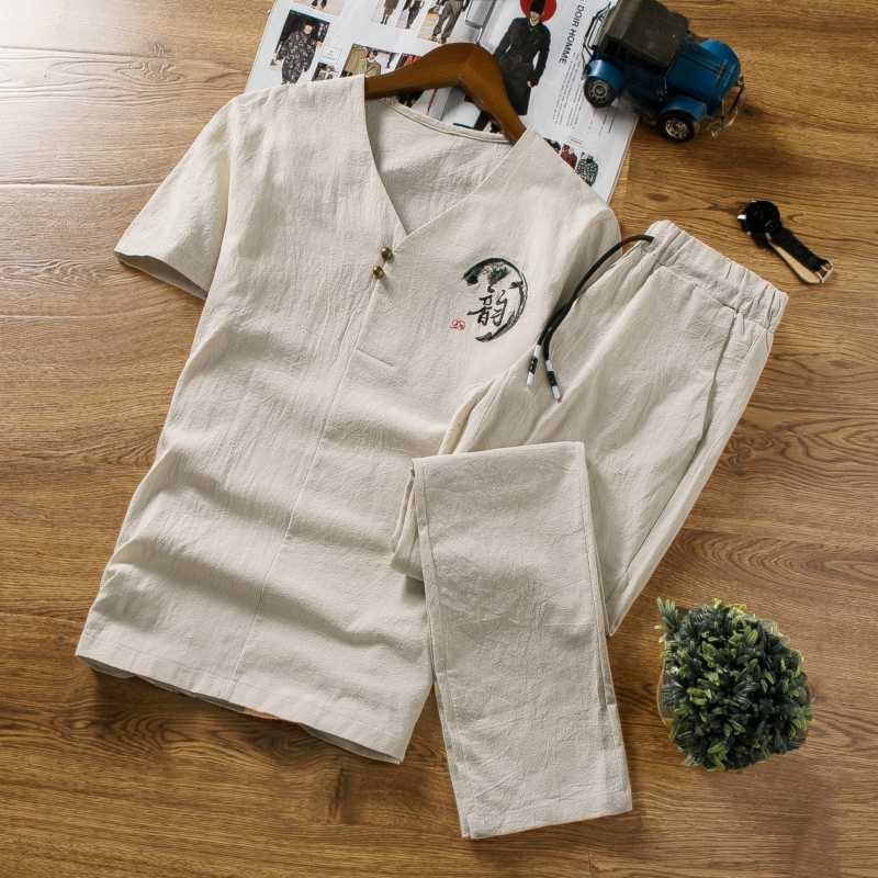 

Chinese style men two-piece Summer cotton and linen short-sleeved men' T-shirt with drawstring strap Ankle Length pants, Black