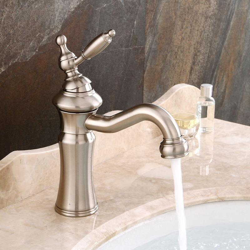 

European Copper Bathroom Faucet Brushed Nickel Single Handle Hot & Cold Water Mixer Tap Wash Basin Bathroom Deck Mounted Faucet