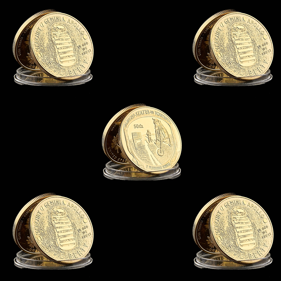 5pcs 2019 USA Moon Landing Mercury Gemini Apollo E PLURIBUS UNUM In God We Trust LiBerty Gold Coin Collectible-image-590705925
