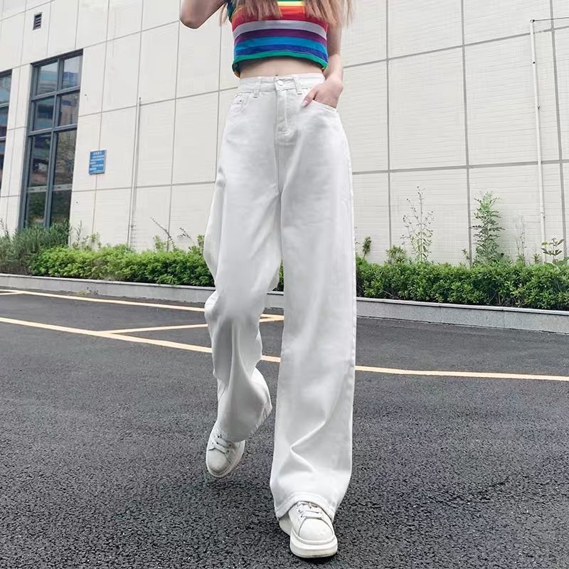 

2020 New Women High Waist Jeans Pants Vintage Wide Leg Full-length Feminino Loose Denim Pantsladies Casual Straight Trouser M221, White