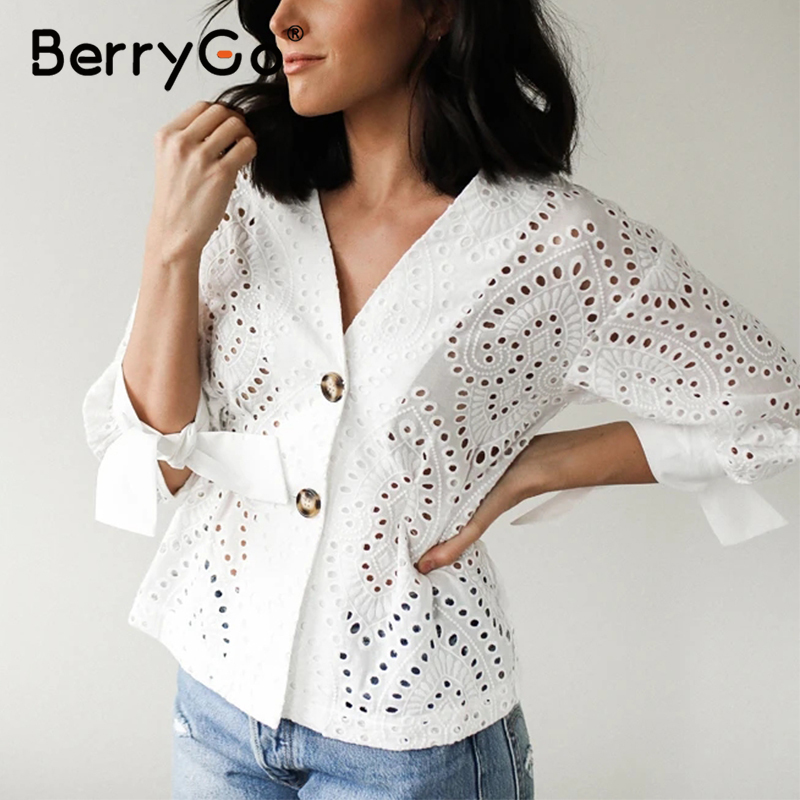 

BerryGo Casual solid white women cutout blouse Elegant Lantern sleeve v-neck female shirt Embroidered ladies short work blouse