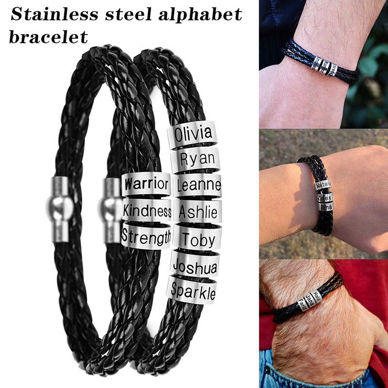 

Mens Braid PU Leather Bracelet with Beads Engraved Gift Jewelry Decoration FS99