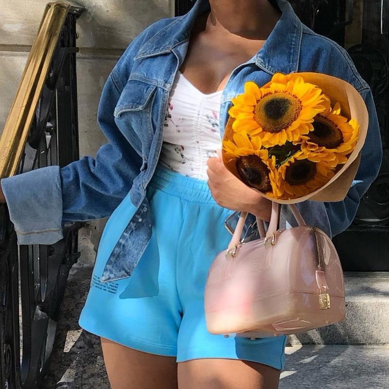 

2020 New Solid Color English Printing Elastic Waist Shorts Women European And American Fashion Simple Trend Shorts Women, Blue