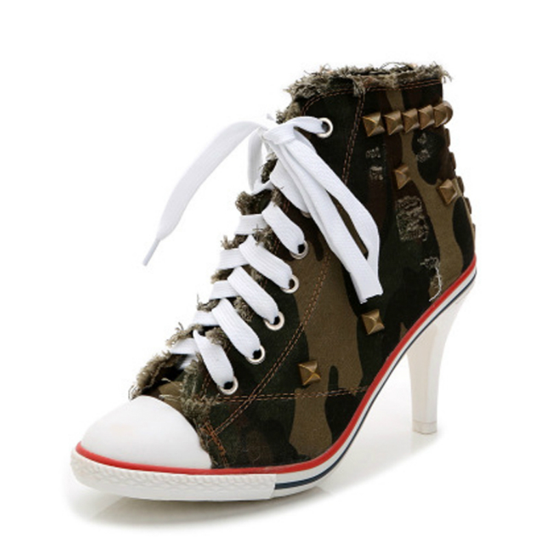 

Women Canvas Shoes Denim High Heels Rivets Shoes Fashion Shoe Laces Sneakers Women Short Boots Large Size 40 -265, White