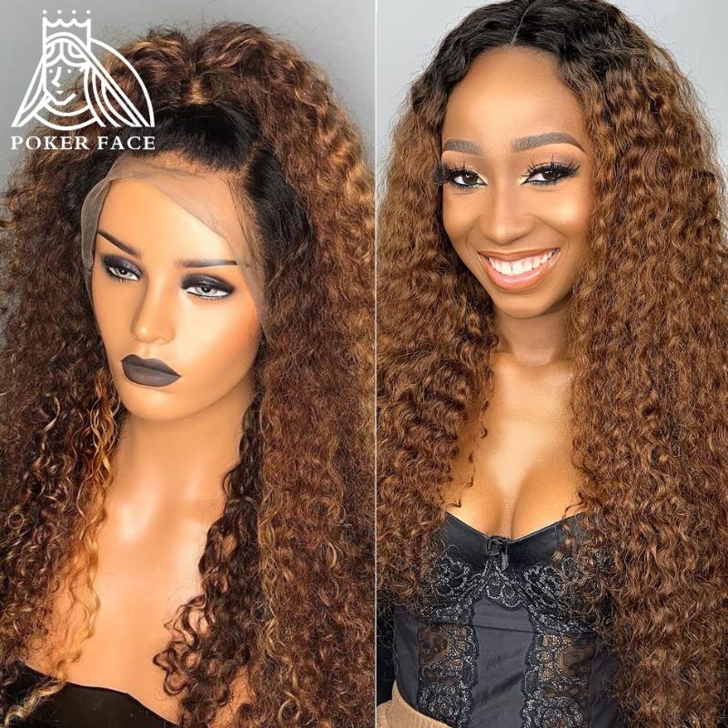 

13X4 lace front human hair wigs ombre color water curly highlight deep wave colored brown 1B/30 Frontal wig pre plucked Remy, As pic