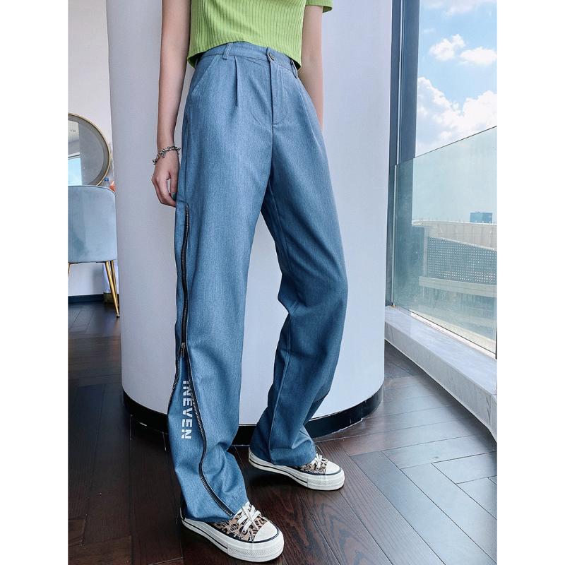 

Grey trouser women's casual design loose straight pant summer side letter zipper split thin suit pants Trousers, Black