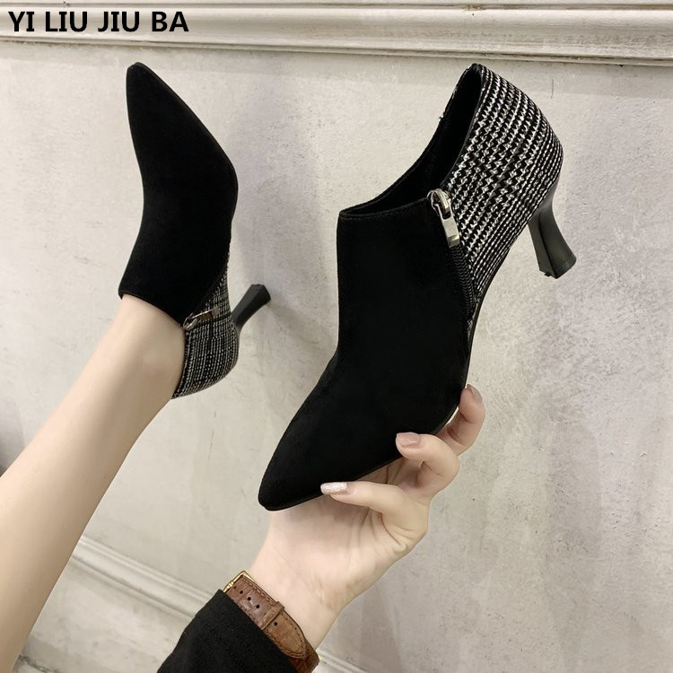 

autumn Women high heels women shoes Pointed Toe PU Leather Thin Heels Pumps fashion Dress Party Shoes woman zapatos de mujer, Black-01