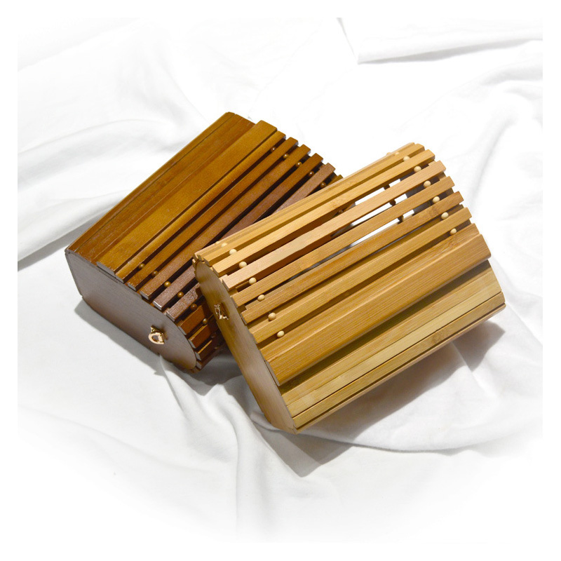 

Vintage Bamboo Ladies Cosmetic Bag Small Shoulder Bags Handmade Wood Handbag for Banquet travel and shopping, Brown