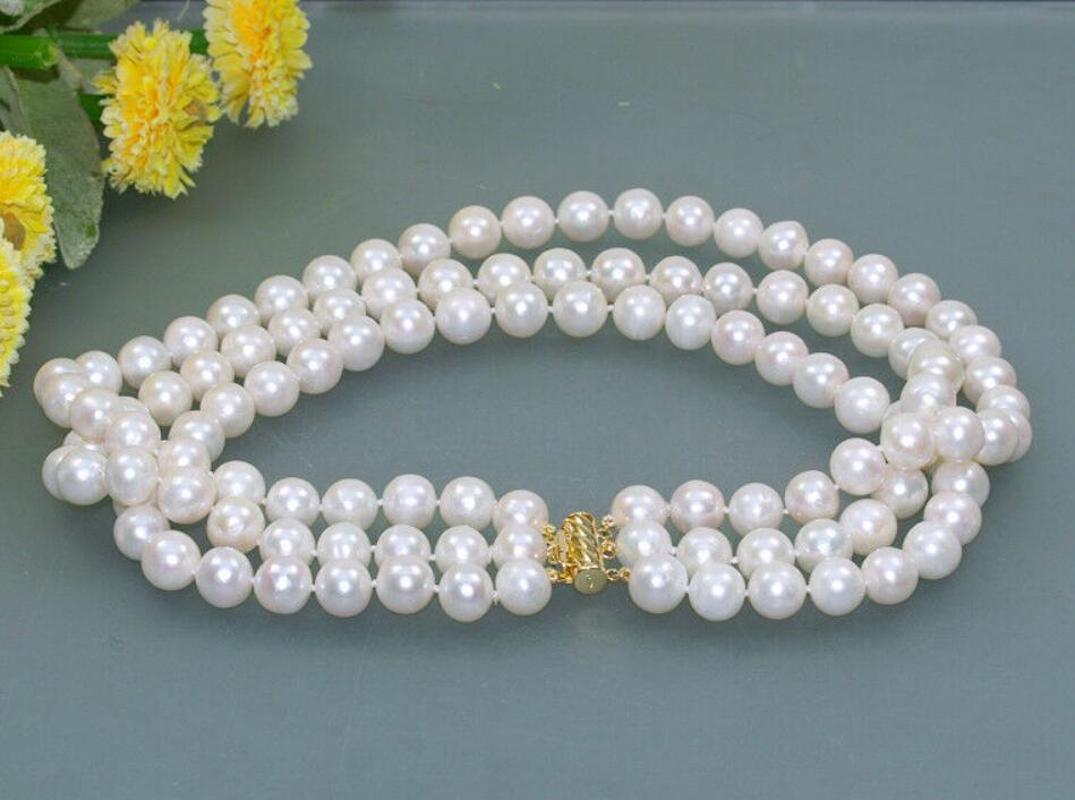 

3 row 10-11mm natural white round Freshwater genuine cultured Pearl necklace 17"-19