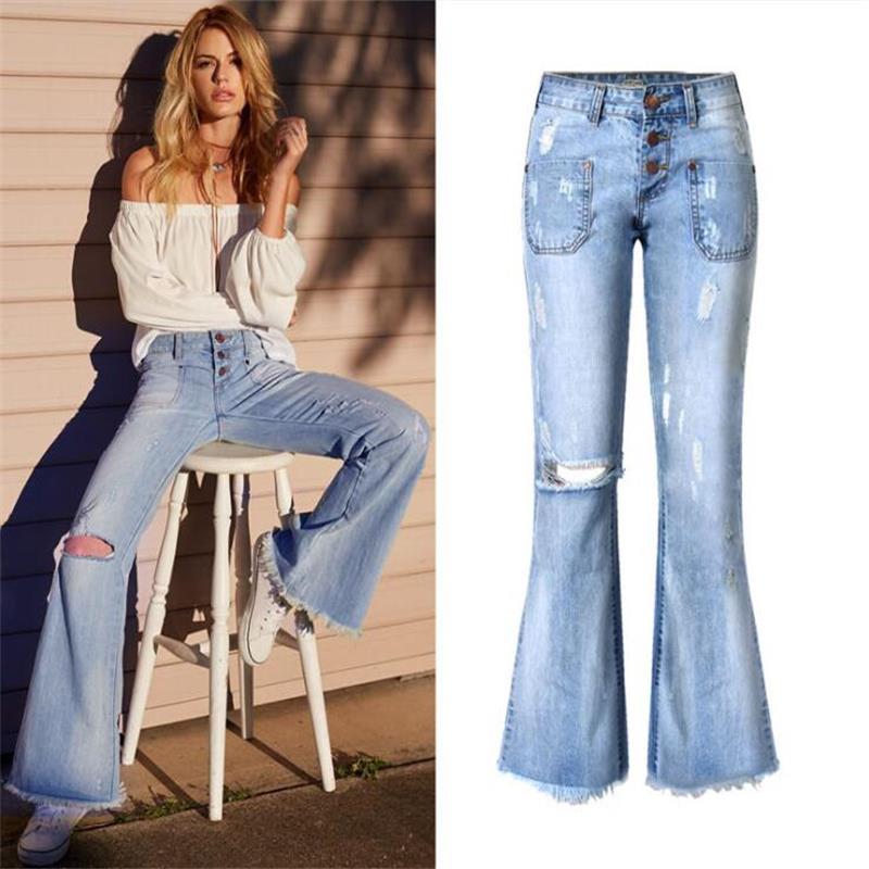 

SupSindy Hot Woman jeans European style vintage flare pants blue straight wide ripped jeans for women bell bottom denim trousers