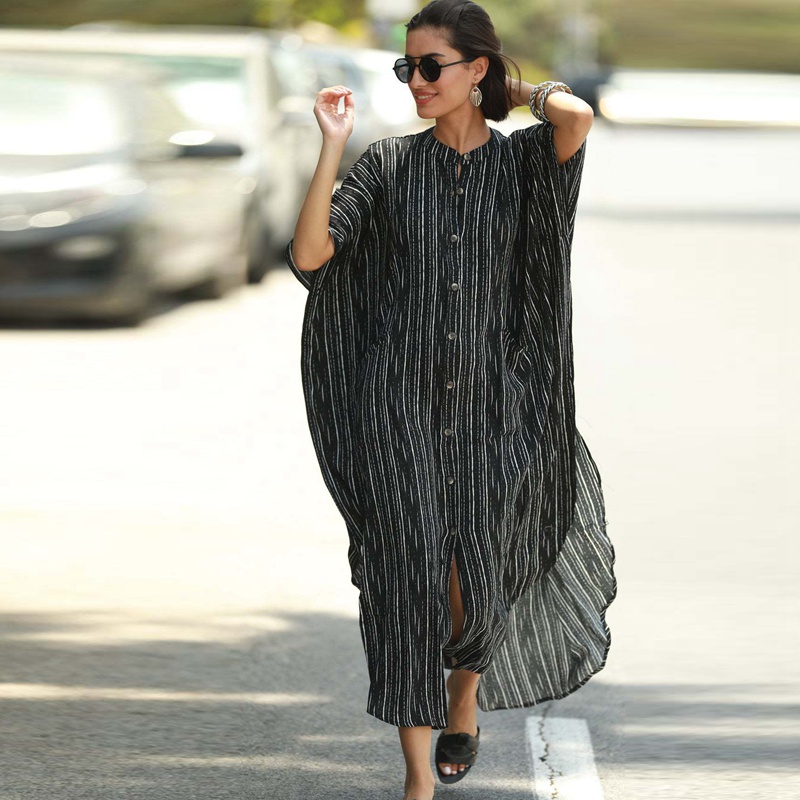 

Women Striped Leopard Maxi Dress Pocket Long Robe Button Tunics Wrap, Black