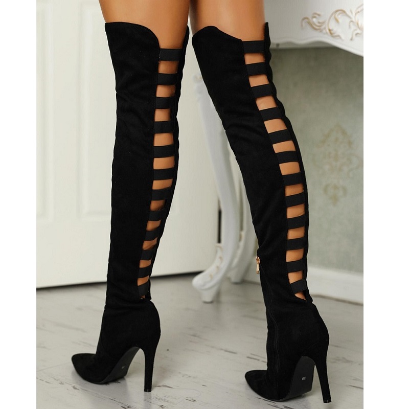 

Women shoes high heels black over the knee boots sexy hollow out ladies thigh high boots pointed toe stiletto long
