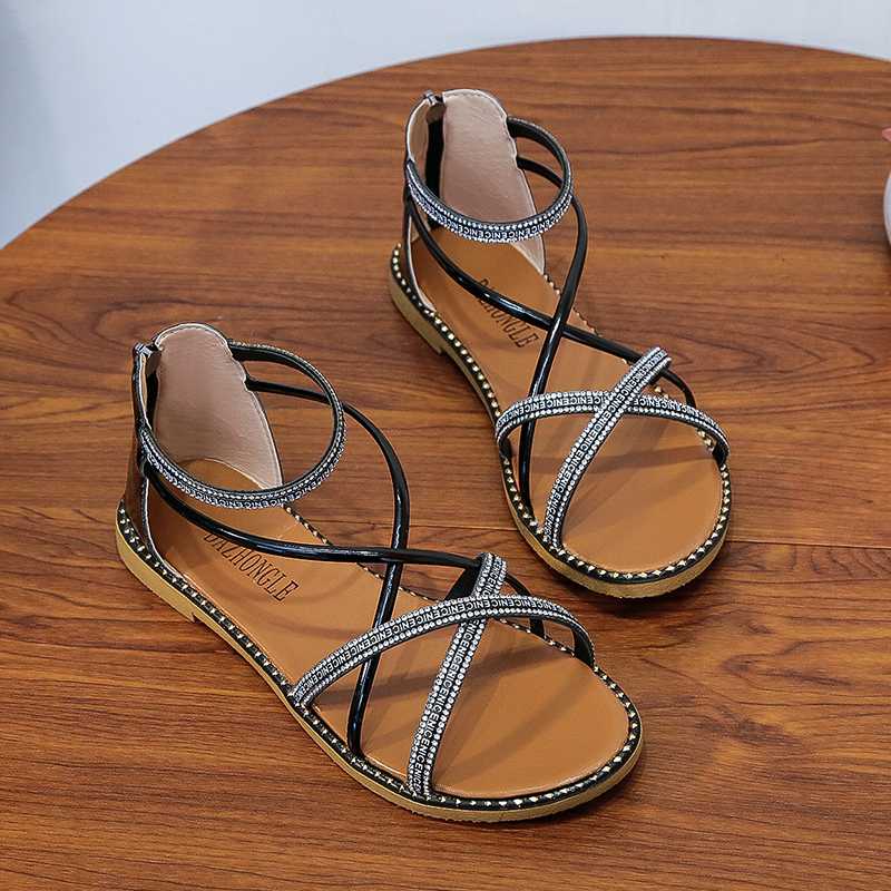 

2020 Summer New Explosion Women's Sandals Rhinestones Exposed Toe Flat Bottom Wild Gentle Outdoor Soft Bottom Non-slip Sandals, Beige
