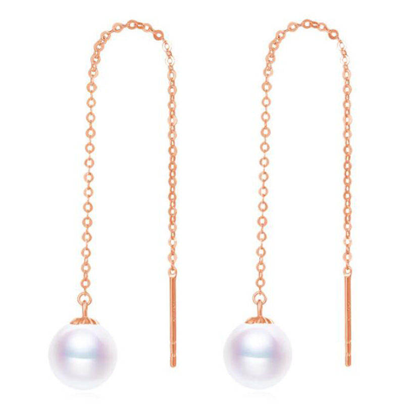 

Sinya Au750 gold rose color drop earring with 7-9 mm Natural Round high luster pearls long chain tassel design earring for women