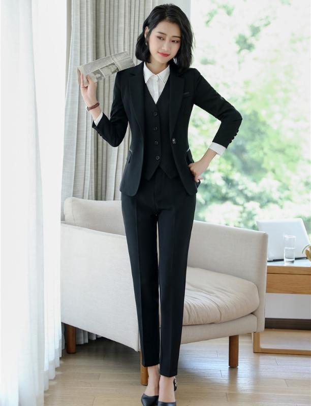 

3 Piece Set Womens Business Suits Waistcoat, Pant and Jacket Set Women Work Wear Black Blazer Office Uniform Designs Styles