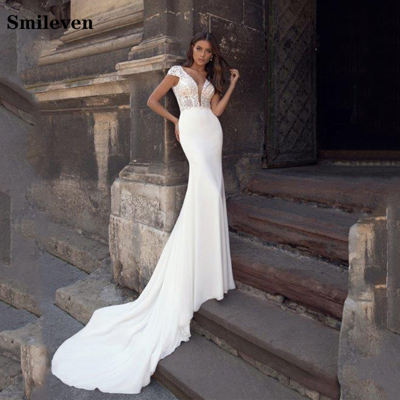 

Smileven Lace Mermaid Wedding Dress Cap Sleeve Vestido De Noiva Soft Satin Bride Dresses Boho Wedding Gowns, White
