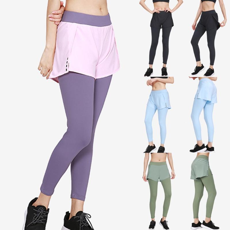 

High Waist Workout Fitness Yoga Leggings Women Sports Running Elastic Solid Fake Two-piece Yoga Pants legginsy do jogi, Black