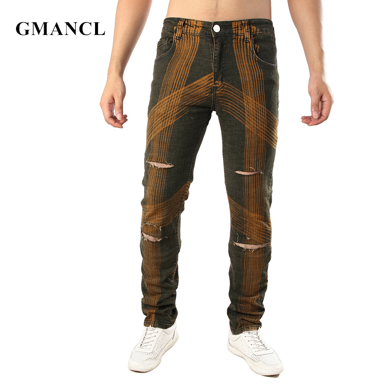 

2020 New Men Vintage Ripped Slim fit Stretch Straight Jeans Streetwear Hip hop printed Distressed Knee holes Joggers Denim pants, B5522 red