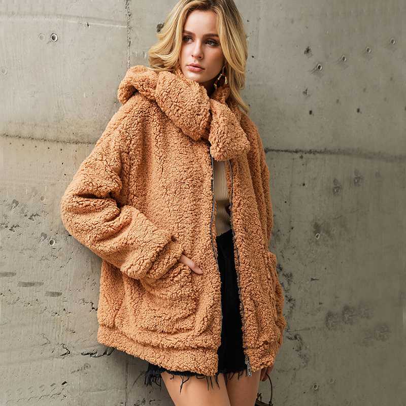 

Winter Autumn Lambswool Coat Imitation Fur Collar Detachable Loose Plush Jacket Thick Warm Fur Pockets Zipper Outerwear 2C0261, Khaki