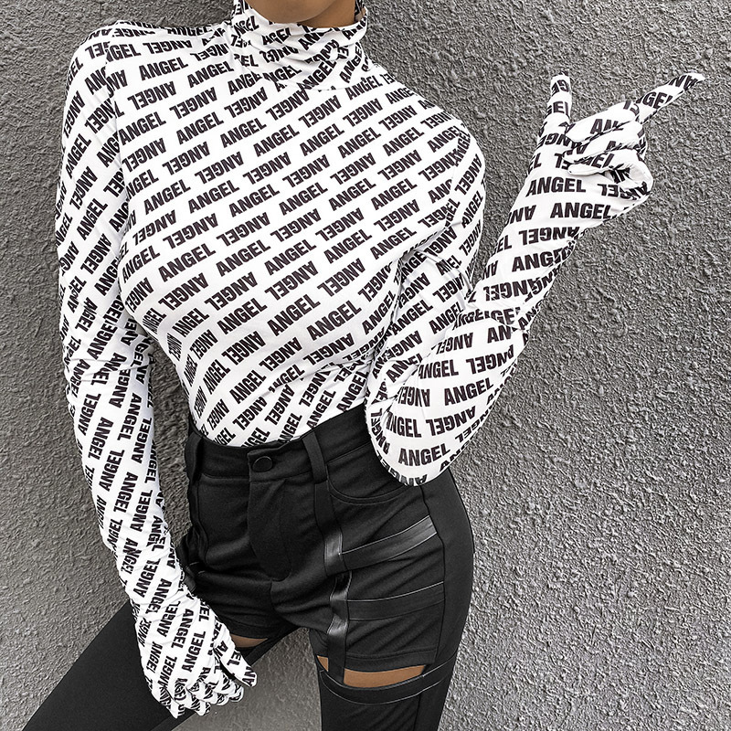 

2020 Fall Fashion ANGEL Printed Black Women Designer Long Sleeve High Neck T-shirt with Gloves Female Crop Top Streetwear