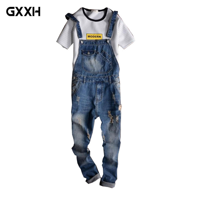 

New Male Suspenders New Casual Light Blue Denim Overalls Ripped Jeans Pockets Men' Bib Jeans Boyfriend Jumpsuits Size 4XL 5XL, 36