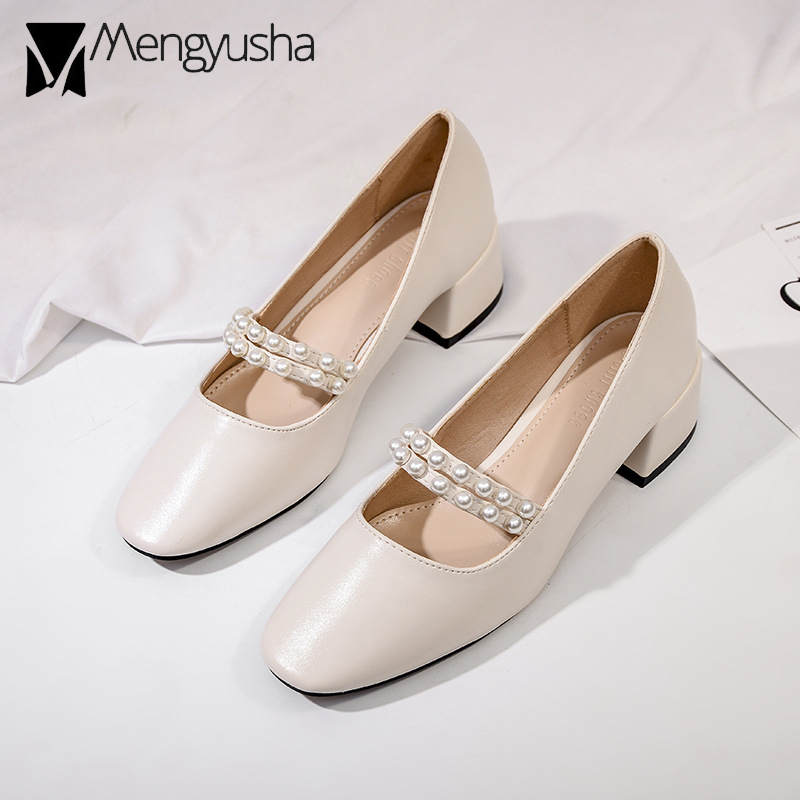 

elegant ladies pearl pumps 2020 brand designer pearl beading band Mary Janes shoes woman med-high heels dress shoes mujer bombas, Beige