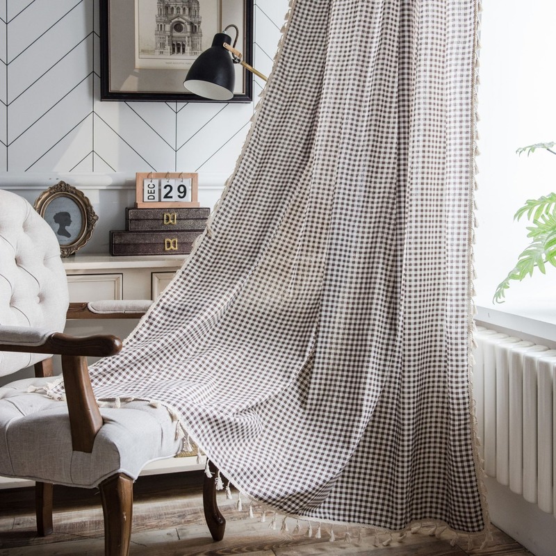 

Japan Style Decorate Window Curtain Sheer for Bedroom Living Room Kitchen Plaid Printed Tassel Semi Blackout Living Room Curtain, 3. rod pockets