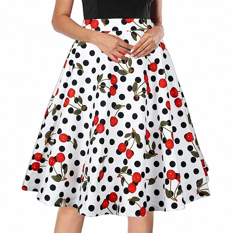 

Retro Skirt Women'S High Waist Skirt Cherry on White  Size