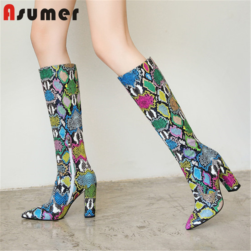 

ASUMER 2020 new arrive women knee high boots pointed toe zipper snake 10cm high heel party shoes ladies autumn winter boots, Flower