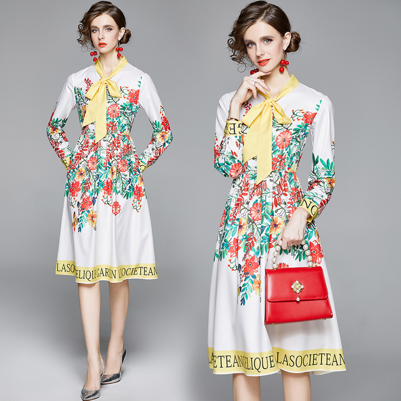 

Wholesale New Summer Runway Vintage Floral Print Bow Tie Neck Long Sleeve Button Front Women Ladies Casual Party Beach A-Line Midi Dress, Multi