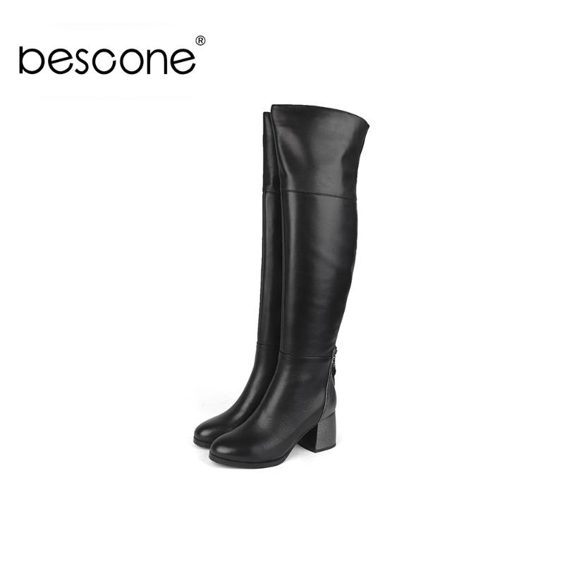 

BESCONE Winter Women Boots High Quality Genuine Leather Round Toe Square Heel Shoes Basic Zipper 7 cm High Heel Lady Boots BC218, Black cow suede
