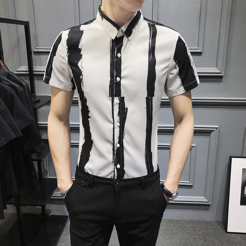 

High Quality Streetwear Social Tops Camisa Masculina 2020 Summer Men's Shirt British Style Striped Slim Fit Casual Dress Shirt, Black