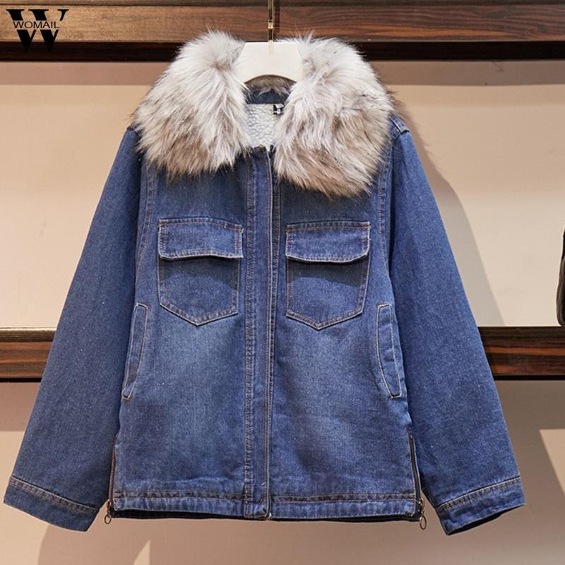 

Womail Women Denim Jacket winter Warm motorcycle velvet jacket female short lapels fur thick Korean plus velvet bomber, Bu