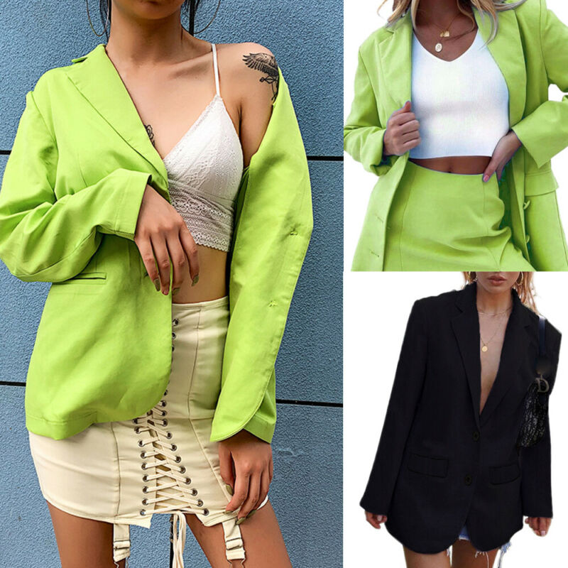 

Fashion Womens Long Sleeve Loose Suit Jacket Casual Button Office Solid Coat Outwear, Black