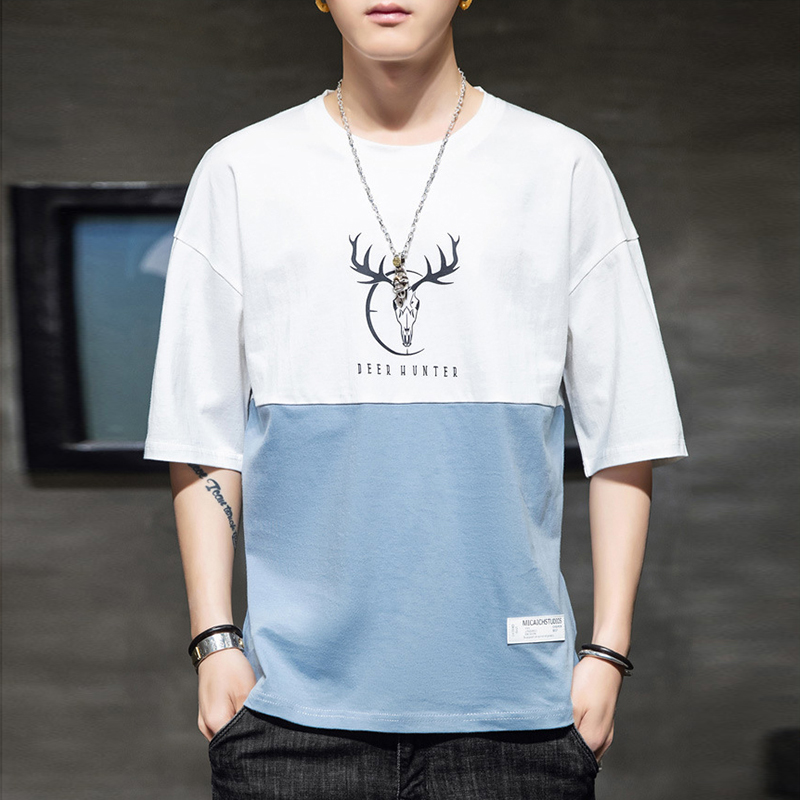 

2020 Summer Casual T Shirt Men Cotton Half Sleeve Man T-Shirt O-neck Loose Short Sleeve Mens Tee shirt Homme, White blue