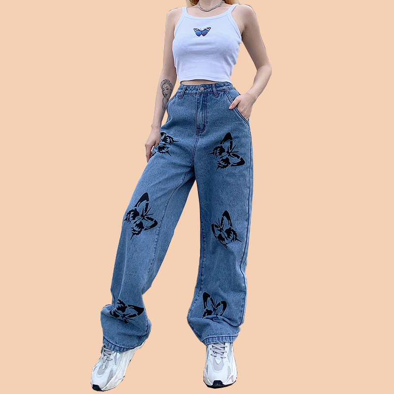 

Butterfly Pattern Baggy Denim Pants+Top Women Korean Fahion High Waist Wide Leg Trousers Casual Loose Plus Size Streetwear 2020