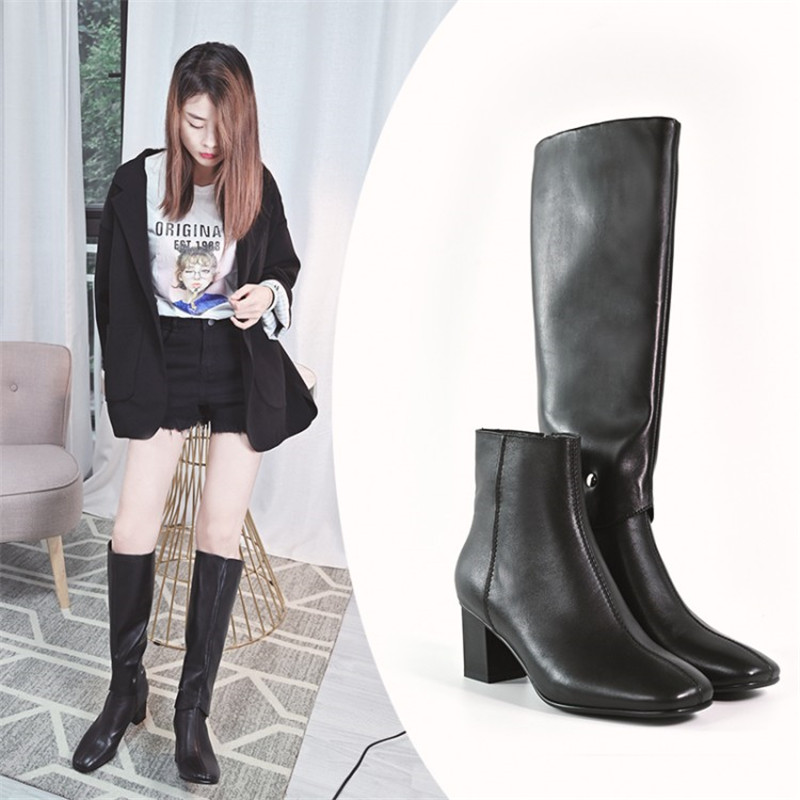 

PXELENA Designer NEW Women Genuine Leather Knee High Boots Detachable Block High Heels Autumn Winter Shoes Lady Office Work Date, Black autumn